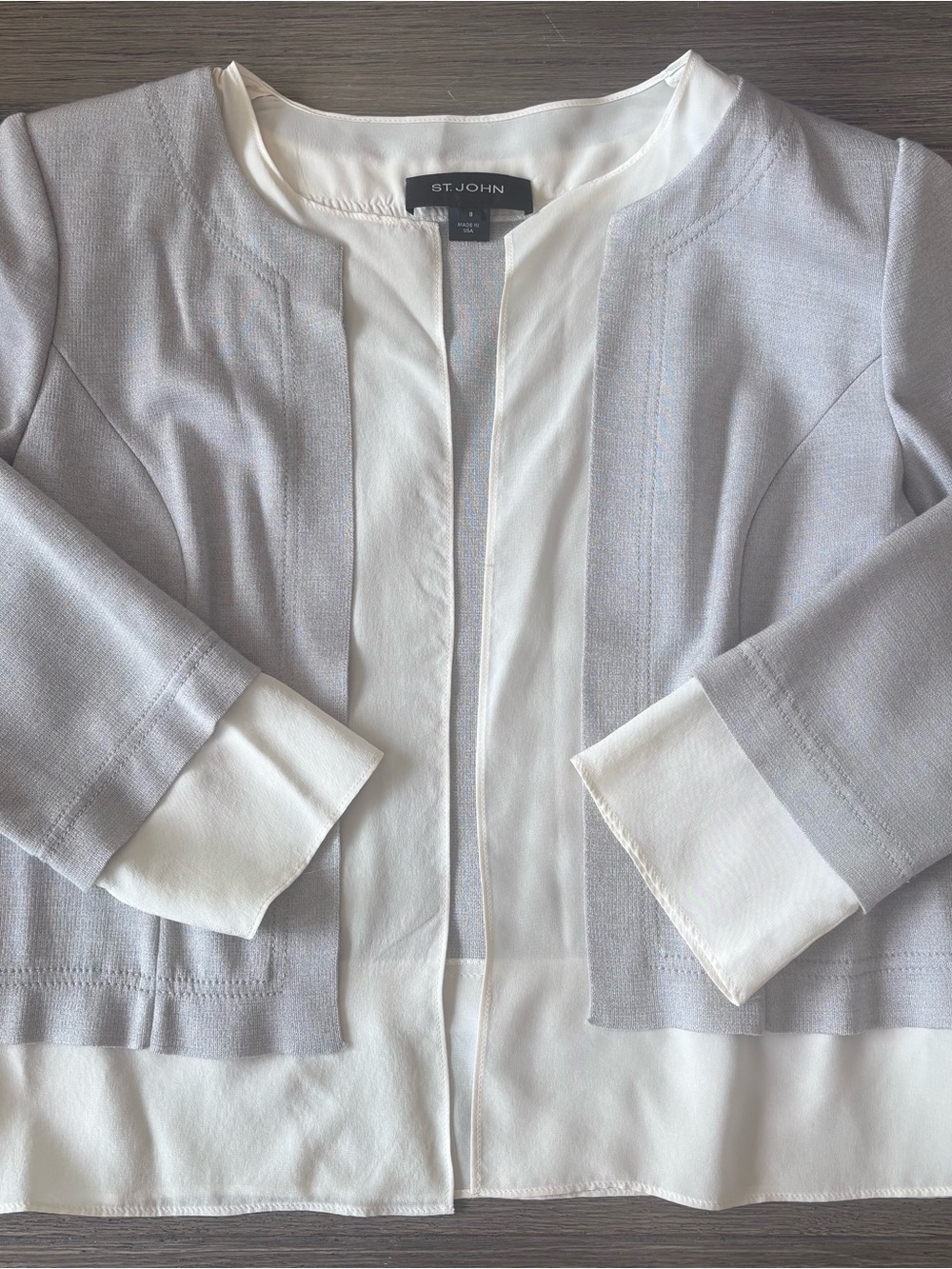 St. John Collection Shimmer Knit & Silk Open Front Jacket | Size 8 | Made in USA